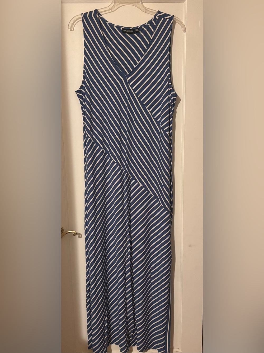 Plus size 2XL Nina Leonard light blue and White Striped Maxi Dress
